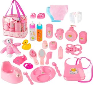 fash n kolor Doll Feeding Set | Set Includes Baby Doll Accessory’s, Doll Diapers, Diaper Bag, Magic Bottles, Potty and Bath Toys | 26 Changing and Other Accessories for 3+ Years Kids