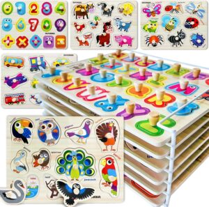 QUOKKA Wooden Puzzles for Toddlers 1-3 – 6XSET Toddler Puzzles Ages 2-4 with Rack – Learning Alphabet, Numbers and Animals Toy Puzzles for Toddlers 3-5 – Wood Games Gift for Boys and Girls