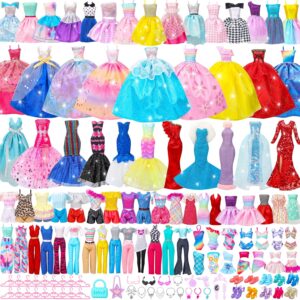 70 Pcs Doll Clothes and Accessories,4 Wedding Gowns 2 Evening Dresses 8 Fashion Dresses 6 Set Casual Outfit Top and Pant 2 Swimsuit,18 Hanger 10 Shoe 20 Accessories Toys for Girls Kid Gift