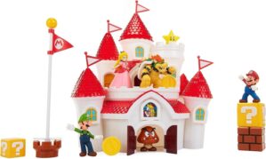 Super Mario Nintendo Deluxe Mushroom Kingdom Castle, Wall Display & Playset with (5) 2.5″ Articulated Action Figures (Exclusive Bowser Figure, Princess Peach, Mario, Luigi & Goomba)