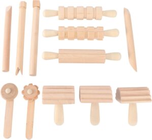 Kisangel 12pcs Wooden Dough Tools Clay Pattern Rolling Pin Set Dough Molding Shaping Tool for Toddler Kids Art Craft Activity Supplies