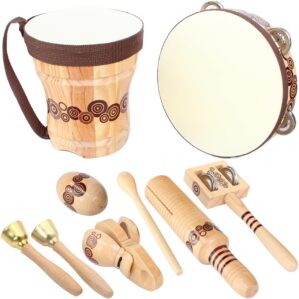 Wooden Musical Instruments Set for Kids,7 Types Percussion Set,Bongo Drum,Tambourine 8 inch…Natural Sheepskin Drumhead,Toddler Musical Toys,Gift for Rhythm Montessori Class Education