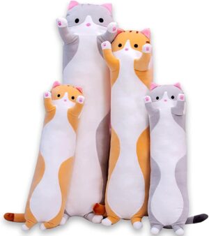 Cute Cat Plush Long Body Pillow Cuddle Cartoon Stuffed Animals Cat Plushie Soft Doll Pillows Gifts for Kids Girls (Gray, 19 Inches), 1 Count (Pack of 1)