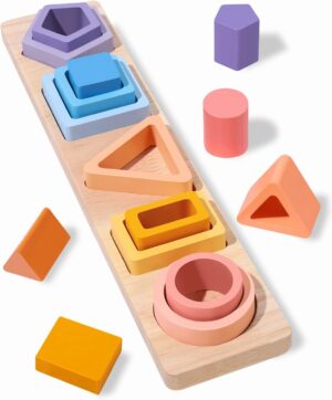 Montessori Toys for 1 2 3 Years Old Boys Girls,Toddler Learning Educational Wooden Sorting & Stacking Toys,Shape Sorter Color Stacker Toy Preschool Kid Puzzles 1-3, Ideal Christmas for Baby Gift