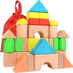 Large Wooden Building Blocks Set – Educational Preschool Learning Toys with Carrying Bag, Toddler Blocks Toys for 3+ Year Old Boy and Girl Gifts