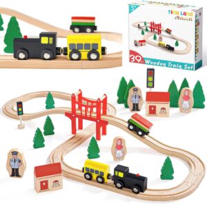 Tiny Land Wooden Train Set for Toddler – 39 Pcs- with Wooden Tracks fits Thomas, fits Brio, fits Chuggington, fits Melissa and Doug – Expandable, Changeable-Train Toy for 3 4 5 Years Old Girls & Boys