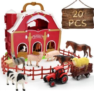 Red Barn and Farm Animal Figures Playset, 20Pack Preschool STEM Toys for Kids