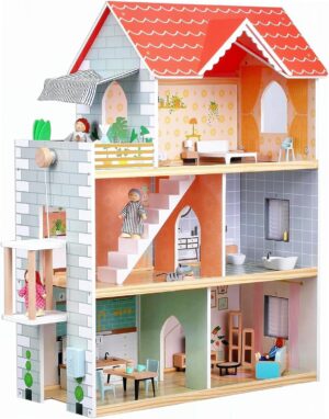 Red Roof Wooden Dollhouse with 19 Pcs Furniture for Girls, 2.6 feet High with Elevator, Doorbell, Light, Large Dream House Playset Toy for Kids Girls 3-7+, 31.5″ x 25″ x 12.2″