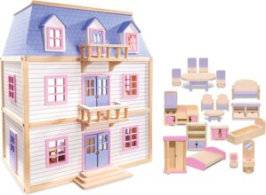 Melissa & Doug Wooden Multi-Level Dollhouse SIOC – Wooden Multi-Story Pretend Play Dollhouse For Kids
