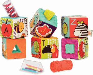 B. Toys Soft Fabric Building Blocks for Toddlers – Educational Alphabet Blocks with Textured Shapes – Stack & Play ABC Blocks for 6 Months+