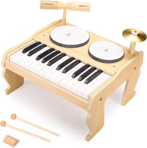 OATHX Kids Piano Keyboard, 25 Keys Digital Piano Toys with Drum Set and Volume Adjustable, 6 in 1 Musical Instruments for Kids Toddlers Baby Children, Wooden Mini Piano Gifts for Girls Boys Ages 3+