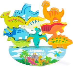 3 otters 12PCS Wooden Dinosaur Toys for Kids, Wooden Stacking Montessori Toys for Toddlers Balance Competition Game Boy Family Birthday Gifts