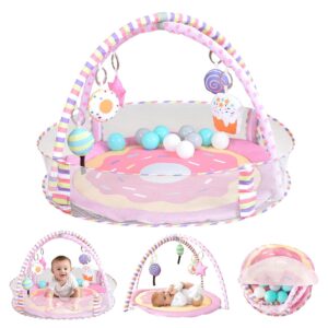 4-in-1 Baby Gym & Play Mat,Baby Girl Play Mat Activity Gym, Pink Donut Tummy Time Mat for Babies and Toddlers, Infant Activity Center for Newborn to Develop Motor Cognition
