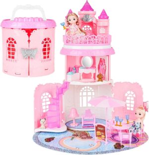 deAO Doll House for Girls Portable Playset Dollhouse Castle Kids Pretend Play Doll House with 2 Doll Toy Figures,Living Room,Bedroom,Balcony & Accessories for 3 to 7 Year Olds Kids (Pink)