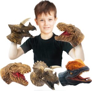 Dinosaur Hand Puppets Realistic Latex Soft Animal Head Toys Set, Hand Puppet Toys Gift for Kids, Party Show Imaginative Play (Tyrannosaurus & Triceratops & Dilophosaurus)
