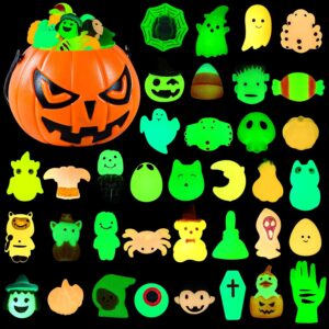 36 PCS Halloween Mochi Squishy Toys with Pumpkin Bucket, Kawaii Squishies Mini Stress Relief Toys Glow in The Dark for Halloween Party Favors Treat Goodie Bags Stuffers for Kids Girls Boys