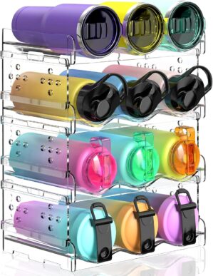Water Bottle Organizer – 4 Pack Stackable Cup Organizer for Cabinet, Countertop, Pantry and Fridge, Free-Standing Tumbler Kitchen Storage Holder for Wine and Drink Bottles, Clear Plastic