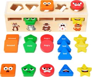 Emotions Wooden Sorting Toys,for 2 3 4Year Old Boy Girl,Shape Color Sorter,Learning Matching Box,with Stacking Toys, Educational Learning Toy,Puzzles for Preschool Toddlers