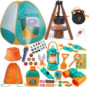 Kids Camping Set 50pcs with Tent & Space Projector Flashlight- Outdoor Campfire Toy Set for Toddlers Kids – Pretend Play Camp Gear Tools for Birthday Christmas