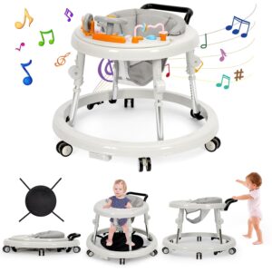 Music and Lights Baby Walker Foldable with 9 Adjustable Heights, Baby Walker with Wheels Portable, Baby Walkers and Activity Center for Boys Girls Babies 7-18 Months (New-White)