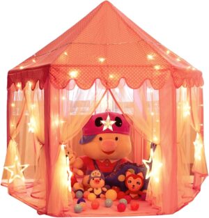 Monobeach Princess Castle Play Tent for Girls – Large 55” x 53” Playhouse with Star Lights for Indoor and Outdoor Play
