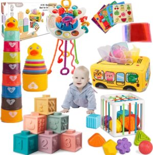 Baby toys 6 to 12 months, Montessori toys for 1 year old, Silicone Pull String Teething Toys, Stacking Building Blocks Infant Toddler Toys 0-3, Color Shape Bin Sensory Toys, Baby boys&girls gifts