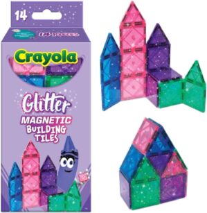 CreateOn Crayola Magnetic Tiles, Building Set for Kids, Magnetic Toys for Kids, Travel Toys, Classroom Sensory Toy Blocks, STEM & Montessori Tools for Boys & Girls Ages 3+, 14-Piece Set (Glitter)