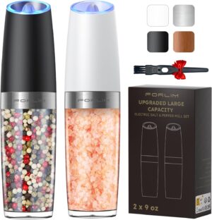 FORLIM Electric Salt and Pepper Grinder Set, Upgraded 9 Oz Capacity Refillable Battery Operated Automatic Salt and Pepper Grinder Shakers Mill, Adjustable Coarseness One Hand Operation(Black & White)