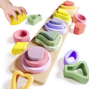 Montessori Toys for 1 2 3 Year Old Boys Girls – Wooden Sorting & Stacking Toys for Kids – Toddler Toys Age 1-3 – Shape Sorter and Color Stacker Preschool Kids Gifts