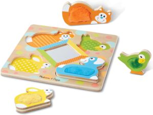 Melissa & Doug First Play Wooden Touch and Feel Puzzle Peek-a-Boo Pets With Mirror