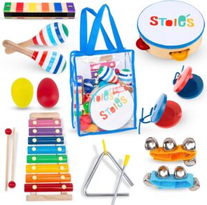 Stoie’s Kids Musical Instruments Set 15 pcs for Toddler Ages 3-5 – Baby Wooden Percussion Musical Toys for Little Boys & Girls 9-12 Years Old- with Xylophone and Maracas – to Play in First Mini Band