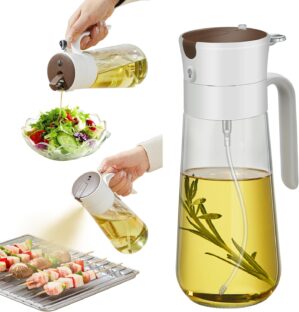 Glass Olive Oil Dispenser Bottle & Oil Sprayer Bottle 2 In 1 for Kitchen Cooking, Auto Flip Cap, 18oz White