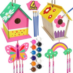 Crafts for Kids Ages 4-8 – 4 Pack DIY Bird House Wind Chime Kit – Build and Paint Birdhouses Wooden Arts Kits Easter Basket Stuffers Gifts for Girls Kids Boys Toddlers Ages 3-5 4-6 6-8 8-12