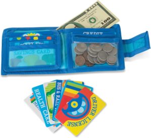 Melissa & Doug Pretend-to-Spend Toy Wallet With Play Money and Cards (45 pcs), Blue – FSC Certified