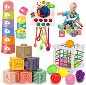 Montessori Baby Toys 6-12-18 Months, Infant Pull String Stacking Cups Shape Sorter Blocks Toy 6 7 8 9 10 11 12 M+ Sensory Development Learning Toy 6-9 9-12 Months Birthday Gift for 1 Year Old Boy Girl
