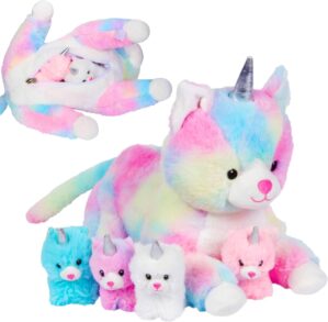 PixieCrush Unicorn Cat Plushie – Mommy Cat Unicorn with 4 Baby Kittens – Magical Cat Pillow Plushies for Girls Ages 3-8 – Big Unicorn Stuffed Animals – Ideal Gift for Girls 5 x 10 x 8 inches