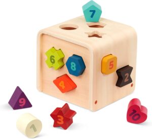 Battat – Shape Sorter For Toddlers, Kids – Wooden Learning Cube – 10 Colorful Wood Shapes With Numbers – Count & Sort Cube – 1 Year + – Count & Sort Cube