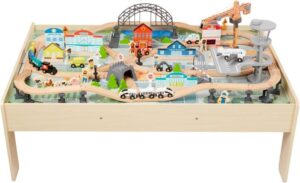 Amazon Basics 120 Piece Wooden Train Set and Table-kids Gift for Age 3Y+, Multi, 47.4 x 33.46 x 16.14 inches