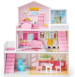 Costzon Wooden Dollhouse for Kids, 3-Story Semi-Open Doll House with 5 Rooms & 10 Pieces Furniture Set, Ladders & Balcony, Preschool DIY Pretend Play Dollhouse Toy, Gift for Girls & Boys Ages 3+