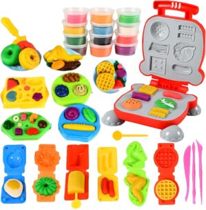 Color Dough Set Kitchen Creations Waffle Pizza Burger Maker Pretend Chef Toy Play Food Modeling Tools Kit with 12 Colors Wheat Doughs for Kids Girls Boys Christmas Birthday Gift 40Pcs