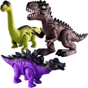 TEMI 3 Pack Electrical Walking Dinosaur Toys for Toddlers 2-4 3-5 Years with Sound and Light Up, Toddler Robot Dinosaur, Brachiosaurus, Stegosaurus Dinosaur Figures for Kids