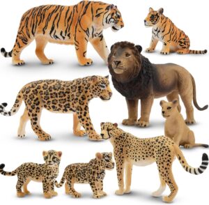 Toymany 8PCS 2-5″ Plastic Jungle Animals Figures Playset Includes Baby Animals, Realistic Lion, Tiger, Cheetah, Leopard Figurines with Cubs, Cake Toppers Christmas Birthday Toy Gift for Kids Toddlers