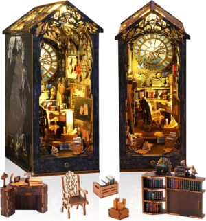 DIY Miniature Book Nook Kit Booknook – 3D Model Wooden Dollhouse Puzzle Toy with LED Light for Adults Teen, Creativity Puzzle Bookend Bookshelf Decor Boy Girls Gifts – Detective Agency