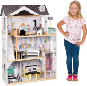 Lil’ Jumbl Kids Wooden Dollhouse, with Elevator, Balcony & Stairs, Accessories & Furniture Included X-Large 3 Story Easy to Assemble Doll House Toy