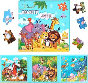 AMOR PRESENT Magnetic Puzzles for Toddlers, 3 in 1 Animal Travel Puzzle Book, Educational Learning Magnets for Kids, Ideal Road Trip Activities Toys for Boys and Girls