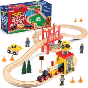 Wooden Train Set Toddler Toys – 38 Pcs Wood Train Track Set for Toddlers 3-4 Years with Crane, Bridge & Accessories – Compatible with All Major Brands