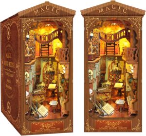 CRIOLPO Book Nook Kit – DIY Doll House Booknook, Book Nook Miniature Kit for Bookshelf Insert Decor Crafts for Adults Teen Halloween, 3D Wooden Puzzle Bookends with Sensor Led Light