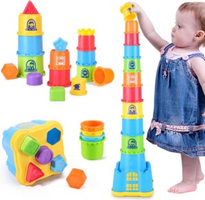 iPlay, iLearn Baby Stacking Toys, Toddler Nesting Stack Cups, Infant Stackable Block, Kids Sorting Game W/Shape Sorter for Sand Bath, Birthday Stocking Stuffer Gift 12 18 Month 1 2 3 Year Old Boy Girl