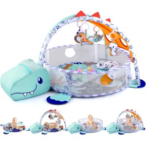 PLAY 4-in-1 Baby Play Mat – Dinosaur Baby Gyms & Playmats Tummy Time Mat Washable, Baby Activity Center with 4 Sensory Toys & 1 Soft Pillow, Develop Motor Skills Gift for Newborn Toddler – Multi