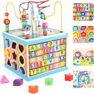 Qilay Wooden Activity Cube for Toddlers 3, 5 in 1 Multipurpose ABC-123 Abacus Early Educational Montessori Toys, Learning Toys for 3 Year Old | Bead Maze, Great for Boys Girls Toddlers